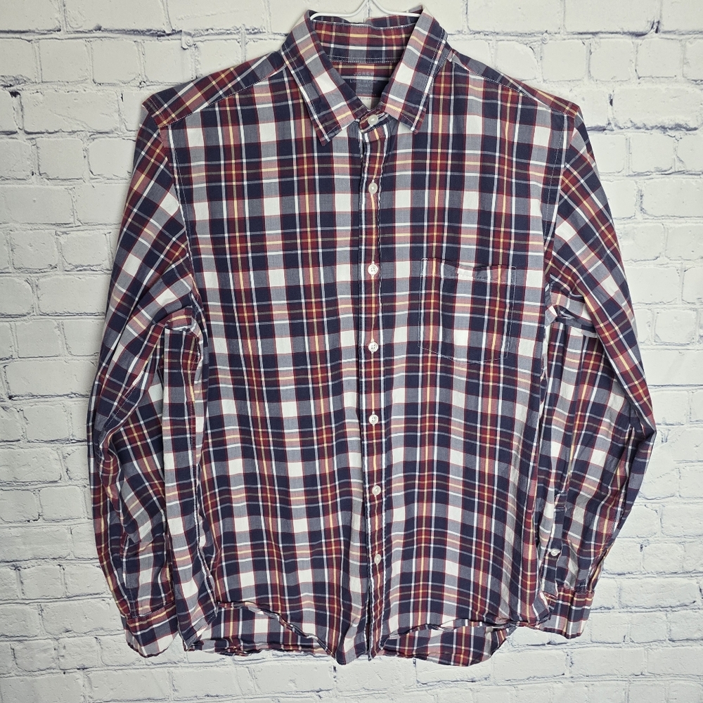 J. Crew Men's Lightweight Casual Plaid Shirt Navy, Red, and White 100% Cotton M